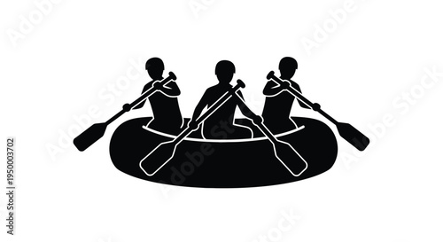 Black silhouette icon of three people paddling together in a circular inflatable river raft boat