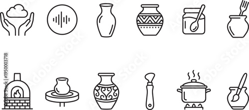 Pottery ceramic craft outline icon set, clay vase kiln tools jar cooking pot vector collection isolated