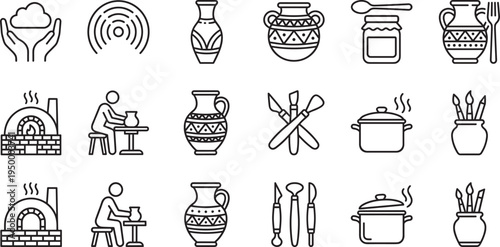 Pottery ceramic craft icon set, clay vase kiln pottery tools jar paintbrush cooking pot vector outline collection