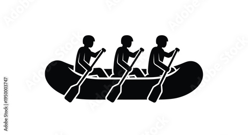 Black silhouette icon of three people rowing together in a small inflatable white water river raft