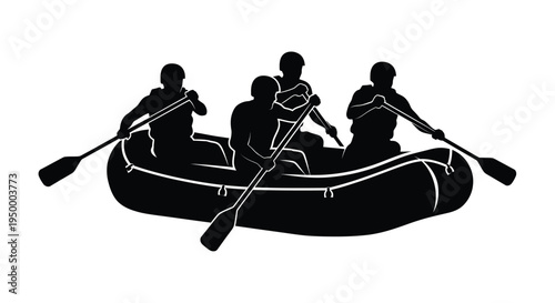 A team of four people paddling together in a rubber raft during an active whitewater rafting trip
