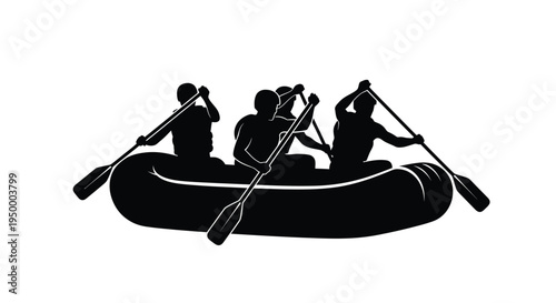 Black silhouette of a group of four people paddling together in a large inflatable rubber raft