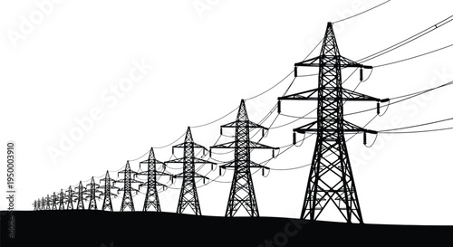A silhouette of multiple electricity transmission towers arranged in a diminishing perspective line