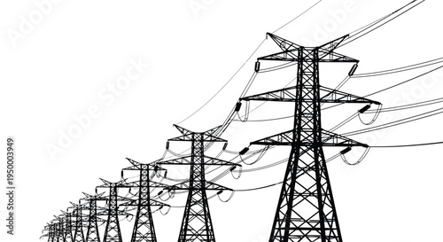 A long row of high voltage electricity transmission towers stretching into the distant horizon line