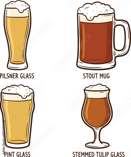 Four types of beer glasses including pilsner glass and stout mug on for beverage service