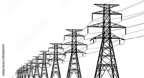A series of high voltage electricity transmission towers stretching into the distance in silhouette