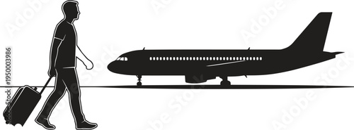A black silhouette of a traveler pulling a suitcase towards a parked airplane on the tarmac runway Vector, illustration