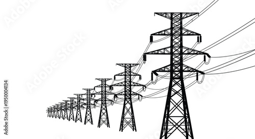 A series of high voltage electricity transmission towers standing in a long receding perspective