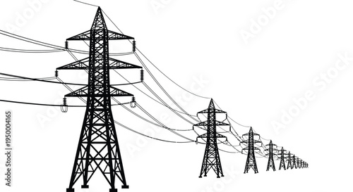 A series of tall metal electrical transmission towers supporting high voltage power lines in a row