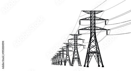 A row of high voltage electricity transmission towers standing in a long line across the landscape