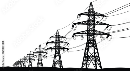 A silhouette of multiple electricity transmission towers standing in a long line across the land