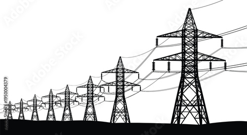 A series of high voltage electricity transmission towers standing in a row across the horizon line