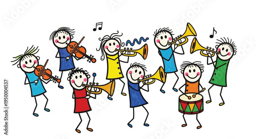 Happy children playing musical instruments band cartoon vector illustration