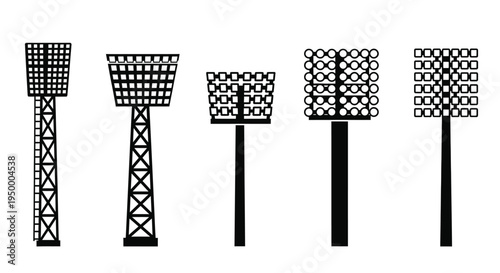 A collection of five different stadium floodlight tower structures for sports field illumination