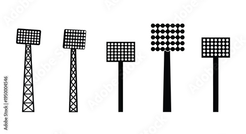 A collection of five different stadium floodlight tower silhouettes for sports field illumination