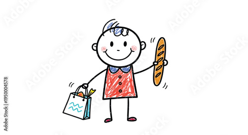 Cute child carrying shopping bag and bread cartoon vector illustration