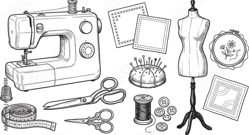 Sewing and tailoring tools vintage illustration set, sewing machine scissors needle thread mannequin embroidery craft equipment collection