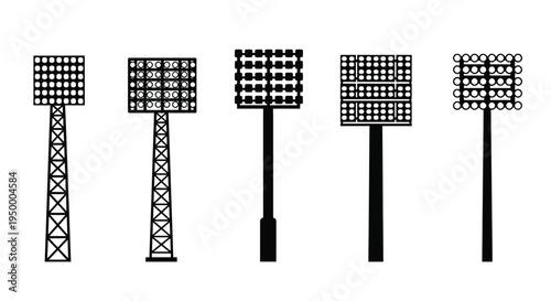 A collection of five different stadium floodlight tower silhouettes for professional sports arenas