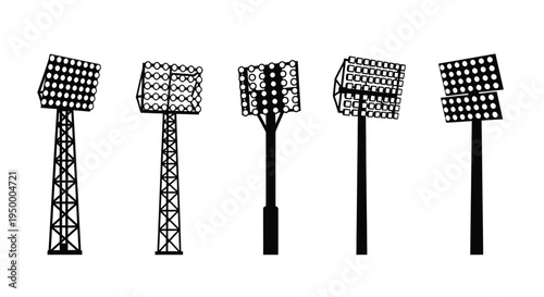 A collection of five different black silhouette designs of tall stadium sports field floodlights