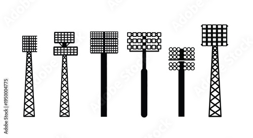 A collection of various stadium light tower designs featuring different grid and lamp arrangements