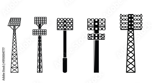 A collection of five different stadium lighting towers featuring various grid and pole structures