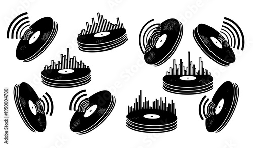 Stacked Vinyl Records Vector Soundwave Set Classic Audio Discs Black Silhouette