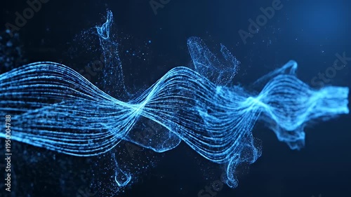 Glowing blue particles form wavy lines and abstract shapes against a dark background