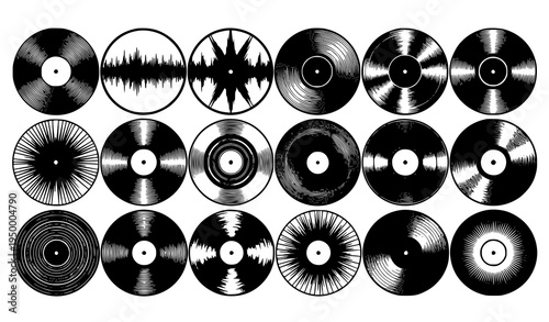 Vintage Vinyl Soundwave Disc Collection Vector Set Black Records Isolated White
