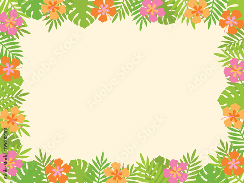 Tropical colorful floral border with empty space, Summer frame with hibiscus and leaf on light yellow background, Exotic tropical floral frame with hibiscus, palm frond and monstera leaves wallpaper 