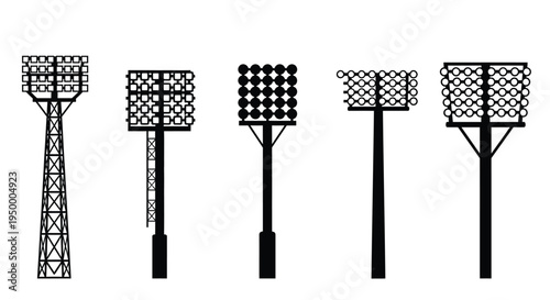 A collection of five different stadium floodlight tower silhouettes used for sports field lighting