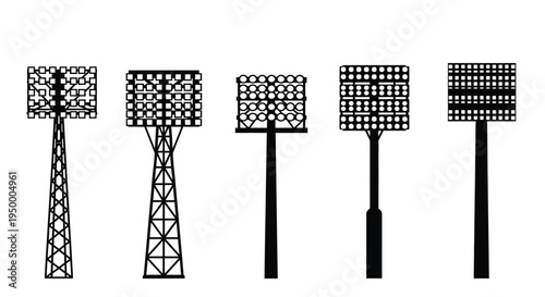 A collection of five different stadium floodlight tower silhouettes for professional sports arenas