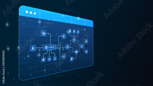 AI workflow automation artificial intelligence. ai agent network diagram dashboard machine learning architecture system with automated process flow, cloud, data routing, and automation flow.