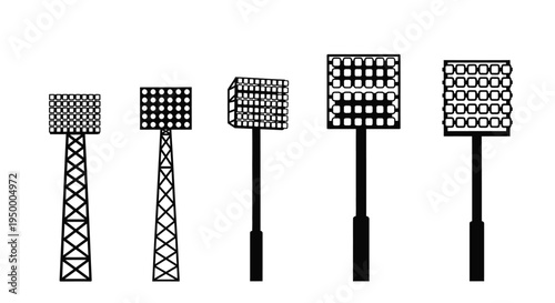 A collection of five different stadium floodlight towers arranged in a row for sports lighting use