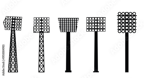 A collection of five different stadium light tower silhouettes used for professional sports venues