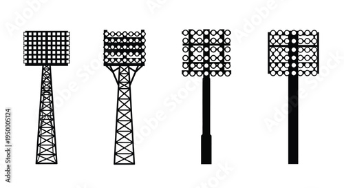 A collection of four distinct black silhouette stadium floodlight towers used for sports lighting
