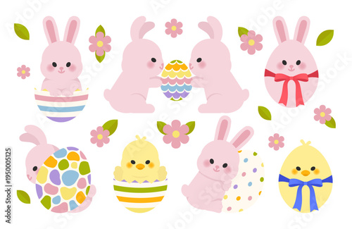 Cute Easter bunny, chick and decorated eggs clipart set with flowers. Ideal for greeting cards, nursery designs, kids products, party invitations, stickers, social media, and spring holiday graphics.
