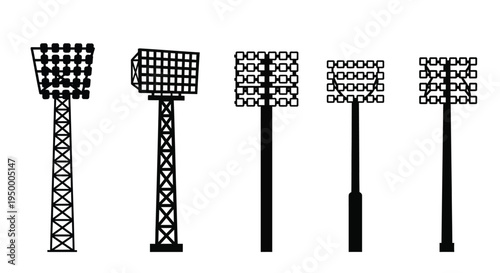 A collection of five different stadium floodlight towers depicted as black silhouettes in a row