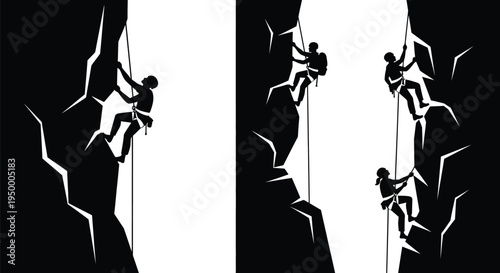 Black and white silhouette illustration of multiple rock climbers scaling steep mountain cliffs