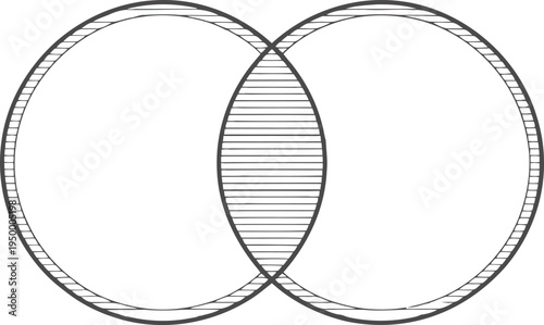 A simple black and white venn diagram illustration featuring two overlapping circles with shading