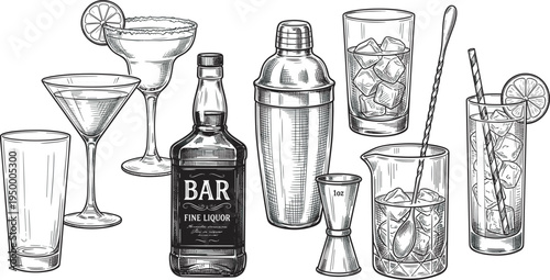 Vintage cocktail bar tools set, martini glass shaker liquor bottle drink sketch vector collection isolated