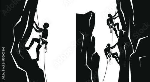Black and white silhouette illustration of three people rock climbing on steep mountain cliff faces