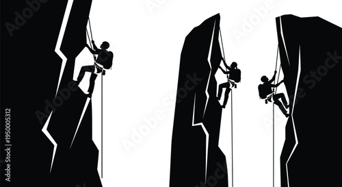 Three silhouettes of mountaineers climbing steep vertical rock faces with ropes and safety harnesses