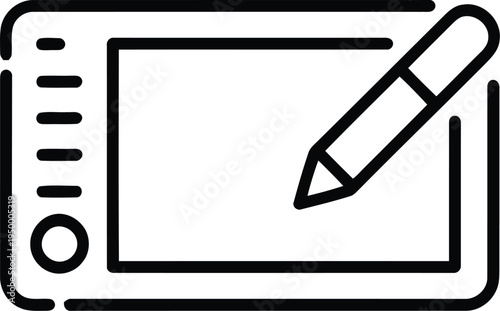A minimalist black and white outline icon representing a digital graphic tablet with a stylus pen