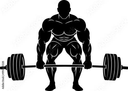 A black silhouette of a muscular man performing a heavy deadlift exercise with a weighted barbell Vector, illustration