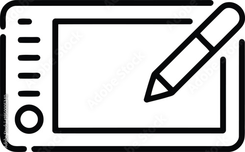 A minimalist black and white line art icon representing a digital graphics tablet with a stylus