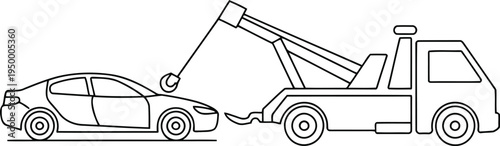 A simple black and white line art illustration of a heavy duty tow truck pulling a broken car