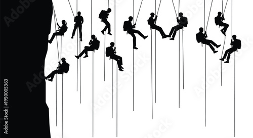 A series of silhouettes showing multiple mountaineers rappelling down a steep rocky cliff face wall