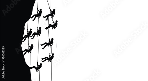 A group of silhouettes representing multiple climbers rappelling down a steep rocky cliff face