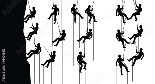 A collection of black silhouettes showing various climbers rappelling down a steep mountain cliff