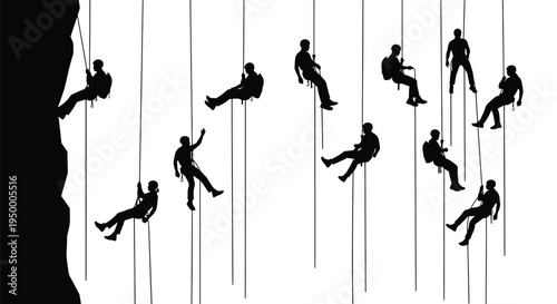 Silhouettes of multiple climbers rappelling down a steep rocky cliff face with safety equipment